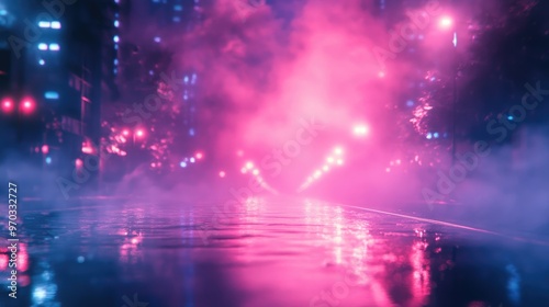 A wet city street at night, with neon lights reflecting in puddles. photo