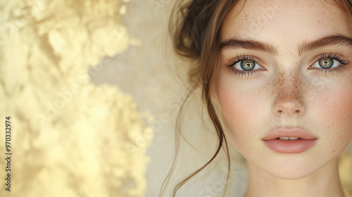 Close-up portrait of a young woman with natural freckles, radiant skin, and striking green-blue eyes. Soft lighting against a textured gold background, perfect for beauty, skincare, fashion, and edito
