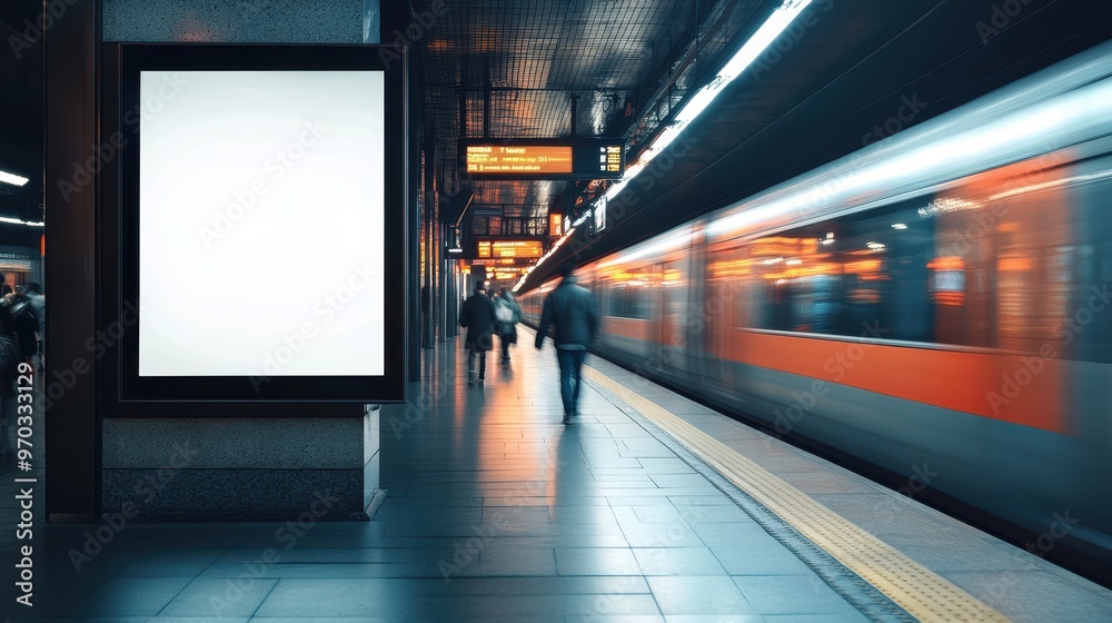 Blank Subway Billboard Mockup with Blurred Train in Motion. Blank Subway Billboard Mockup with Blurred Train in Motion.