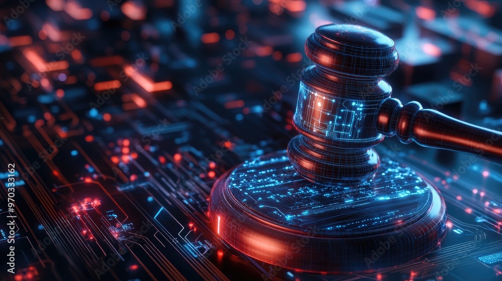 A gavel with a digital circuit board pattern on a red and blue circuit board background. A gavel with a digital circuit board pattern on a red and blue circuit board background.