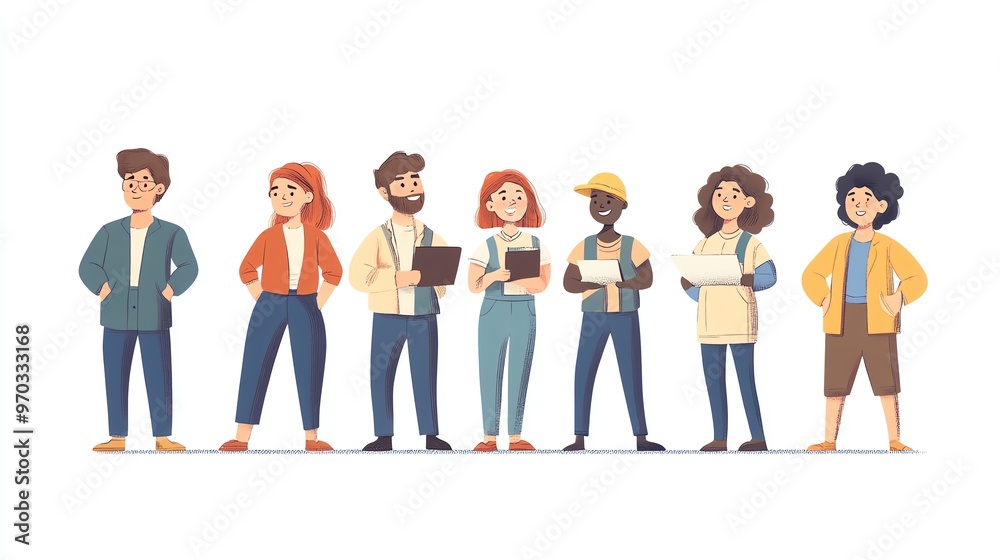Labor Day celebration, factory workers in action, diverse team working together, handdrawn industrial style, isolated on white background Labor Day celebration, factory workers in action, diverse team working together, handdrawn industrial style, isolated on white background