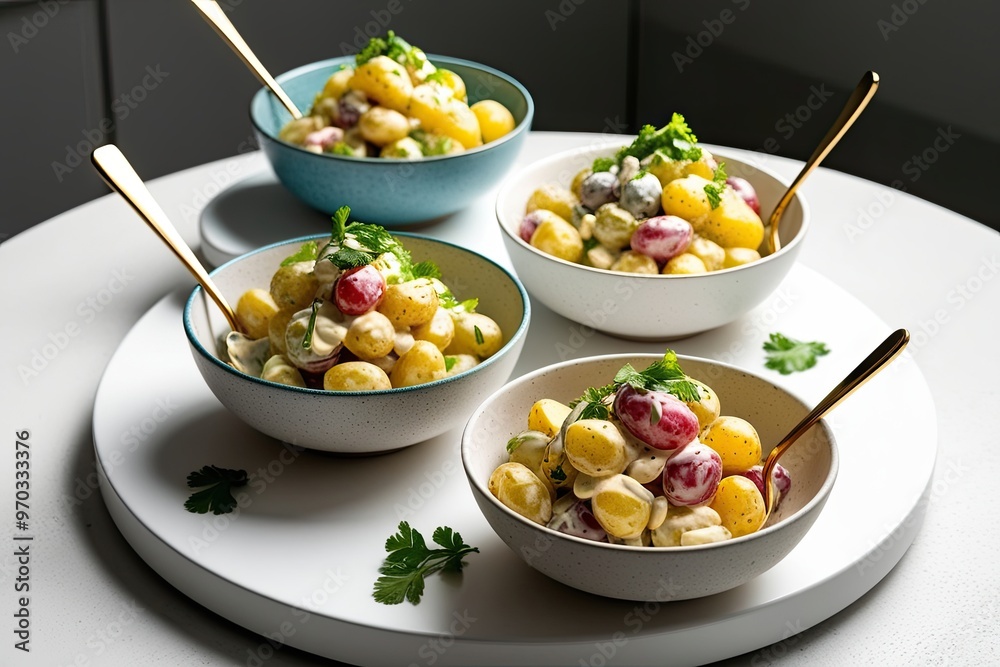 Colorful Potato Salad in Creamy Mayo and Vinaigrette Served in Bowls on a Stark White Podium Colorful Potato Salad in Creamy Mayo and Vinaigrette Served in Bowls on a Stark White Podium