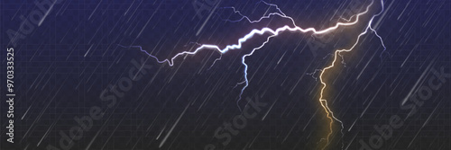 Two lightning flashes and raindrops in the dark sky. Thunderstorm and raindrops. Realistic vector illustration of heavy rain