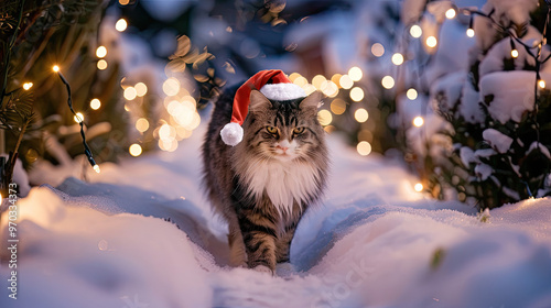 Festive Scene with Norwegian Forest Cat in Snowy Garden photo