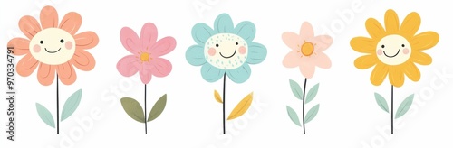 Cute smiling flowers illustration with pastel colors on a white background, ideal for children s decor, greeting cards, or joyful themes Perfect for spring and summer designs