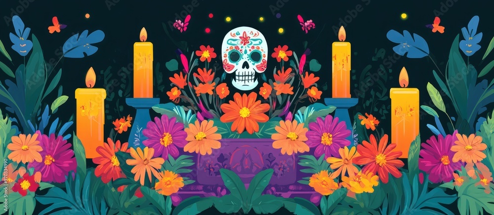 Day Of The Dead Altar With Vibrant Flowers And Candles Day Of The Dead Altar With Vibrant Flowers And Candles