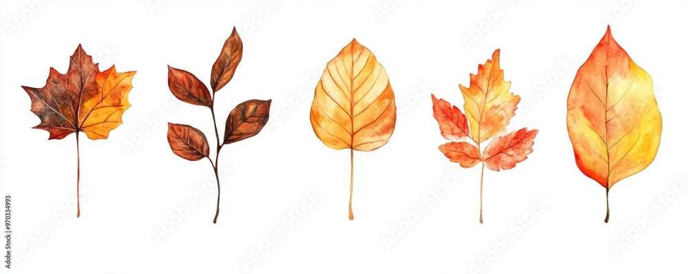 Fototapeta premium A collection of beautifully illustrated autumn leaves in warm colors, perfect for seasonal decor and nature-themed projects.