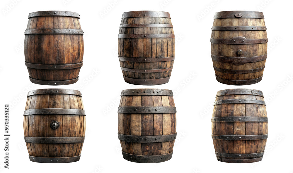 Fototapeta premium Rustic Wooden Barrels Isolated on Transparent Background