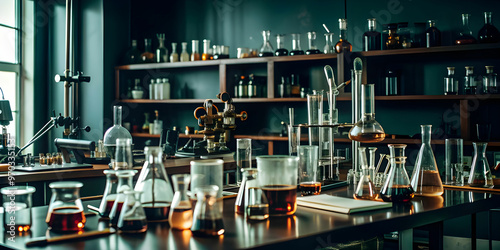 A cluttered laboratory with shelves of beakers, test tubes, and microscopes.