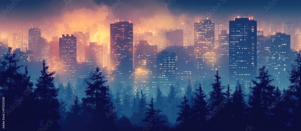 Panorama Of Urban Landscape With Skyscrapers Illuminated And Trees In A Foggy Canyon Dark Sky City Park Digital Graphic Art Design Paint By Numbers Panorama Of Urban Landscape With Skyscrapers Illuminated And Trees In A Foggy Canyon Dark Sky City Park Digital Graphic Art Design Paint By Numbers