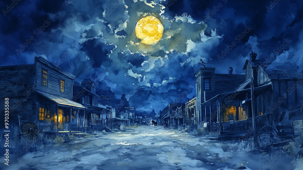 Obraz premium A serene night scene in deserted old town, illuminated by bright full moon. atmosphere is calm yet mysterious, with shadows cast by moonlight on empty streets.
