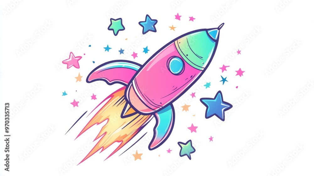 Vibrant and whimsical rocket surrounded by stars in a surreal cartoon style Features bright pink blue and green colors against a white background Ideal for T shirt and poster designs Vibrant and whimsical rocket surrounded by stars in a surreal cartoon style Features bright pink blue and green colors against a white background Ideal for T shirt and poster designs