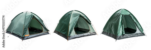 Three Green Camping Tents Front Side and Open Views on Transparent Background