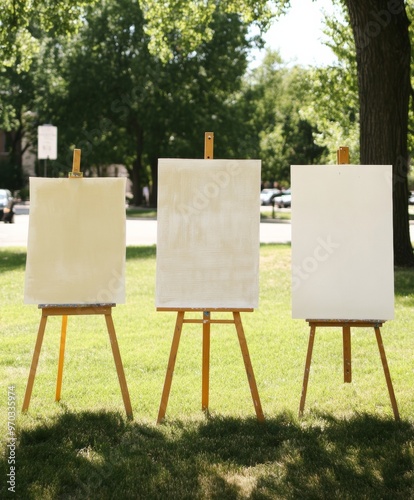 Outdoor Creative Activity in Park - Blank Canvases on Easels Under Trees, Summer Day photo