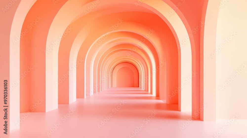 Surreal 3D render of an abstract arch tunnel with a peach pastel vertical background capturing a dreamy interior concept in a soft color palette Surreal 3D render of an abstract arch tunnel with a peach pastel vertical background capturing a dreamy interior concept in a soft color palette