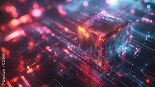 A glowing cube with a futuristic design sits on a circuit board, surrounded by streaks of light.