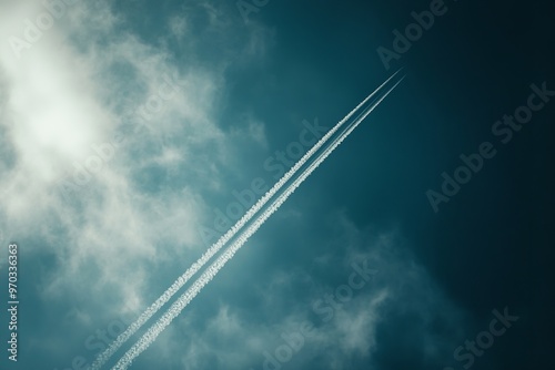 An aircraft leaving a contrail in the sky with space for text.