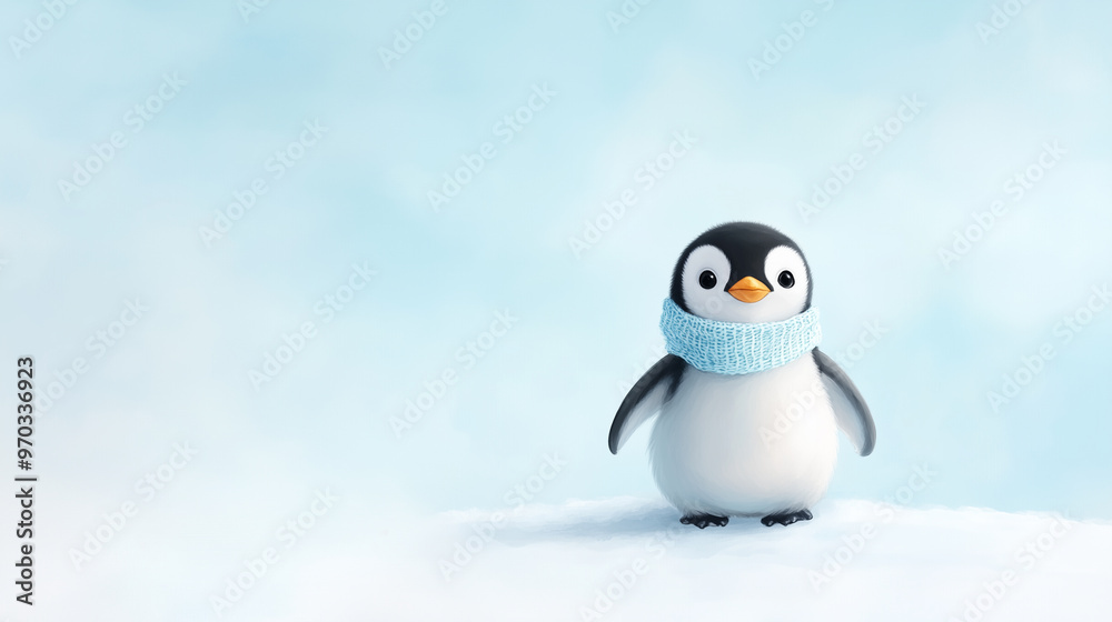 Fototapeta premium A cute penguin wearing light blue scarf stands on snowy surface against soft, cloudy background. This charming scene evokes sense of warmth and joy.
