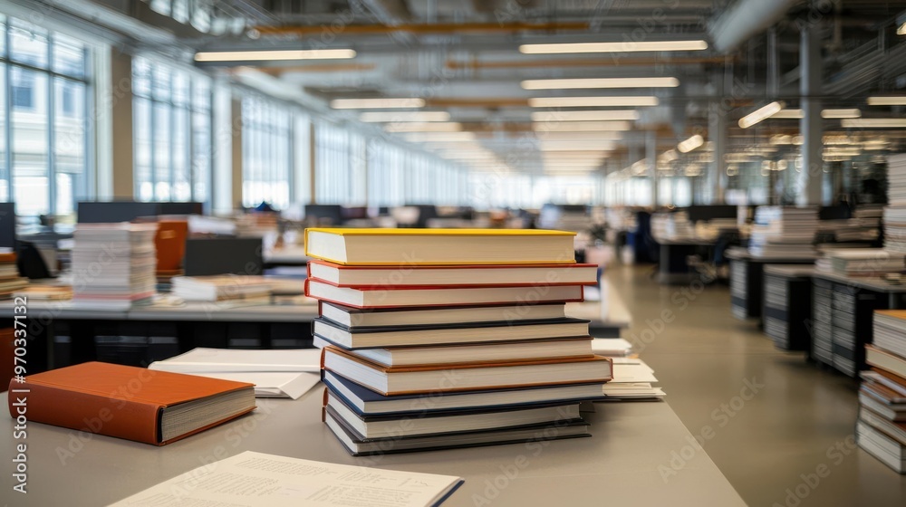 A modern office space filled with stacked books on a desk, creating a professional and inspiring work environment. A modern office space filled with stacked books on a desk, creating a professional and inspiring work environment.