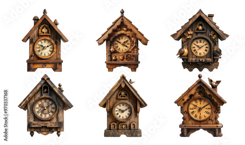 Collection of Traditional Wooden Cuckoo Clocks on Transparent Background photo