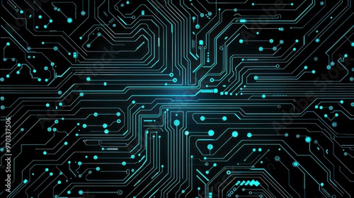 A digital circuit board design featuring intricate lines and glowing nodes, representing technology and connectivity.