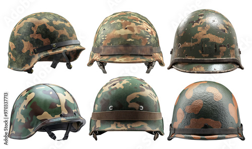 Set of 6 camouflage military helmets in various styles on a transparent background