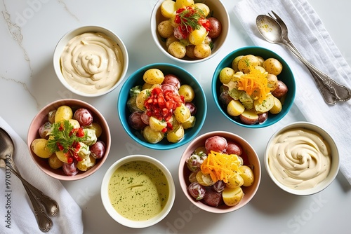 Vibrant Flavorful Potato Salad Bowls with Mayo and Vinaigrette on Crisp White Background