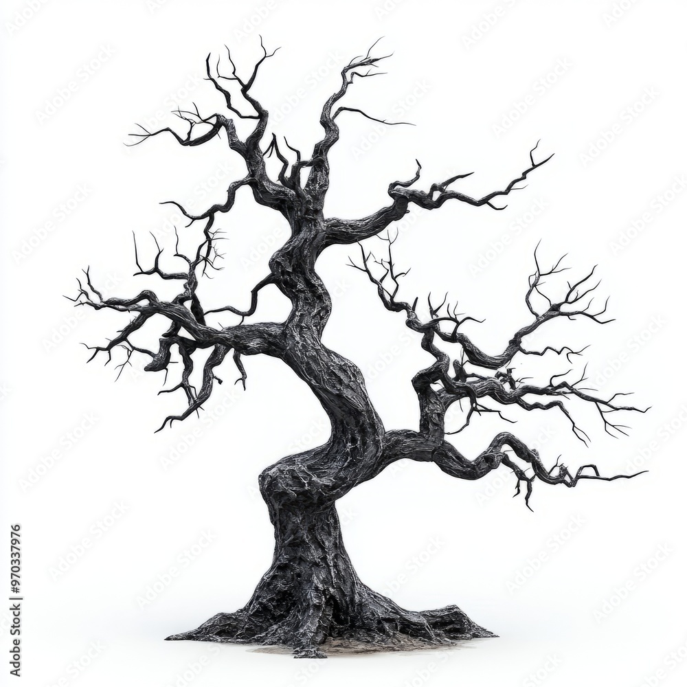 A striking black tree with twisted branches, standing alone on a white background, showcasing nature's unique beauty and resilience.