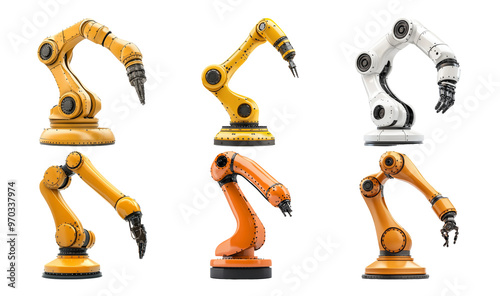 Collection of Six Industrial Robotic Arms on Transparent Background