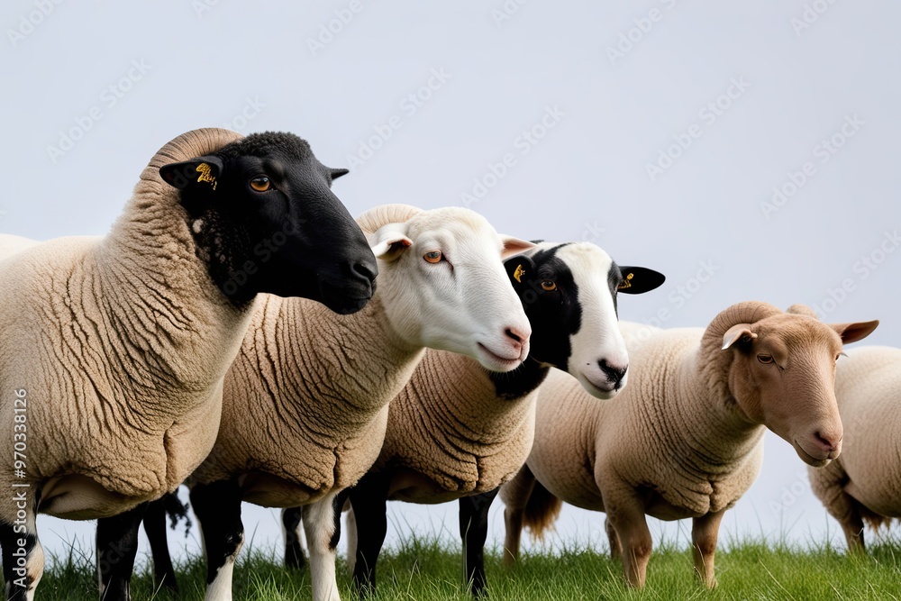 Obraz premium Isolated Profile of Sheep on White Background Domestic Animal Group