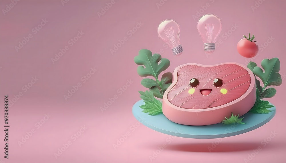3D render of Steak has an idea In the form of a very cute cartoon character. Along with various types of vegetables from the concept of happy food. 3D render of Steak has an idea In the form of a very cute cartoon character. Along with various types of vegetables from the concept of happy food.