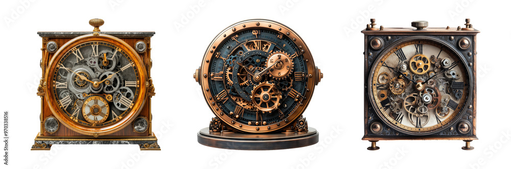 Fototapeta premium Steampunk Antique Clocks with Intricate Gear Mechanisms and Brass Elements