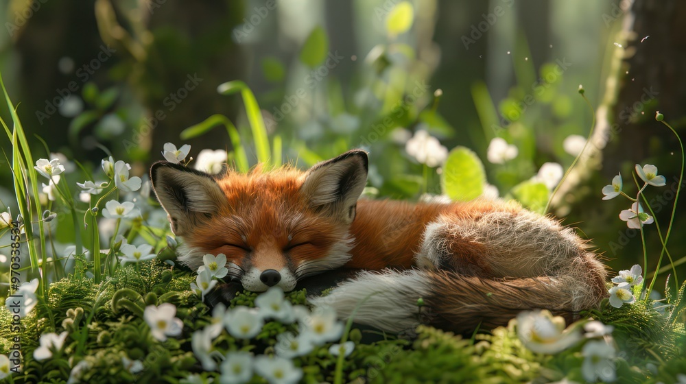 Fototapeta premium A peaceful fox sleeping amidst blooming flowers in a serene forest setting.
