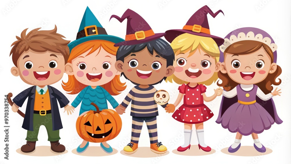 Adorable cartoon kids decked out in Halloween finery join in on the spooky celebration, their grins shining brighter Adorable cartoon kids decked out in Halloween finery join in on the spooky celebration, their grins shining brighter