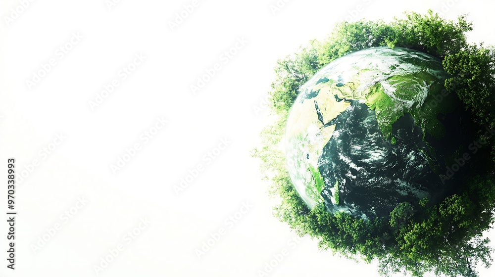 A Globe Encircled by Lush Greenery on a White Background A Globe Encircled by Lush Greenery on a White Background