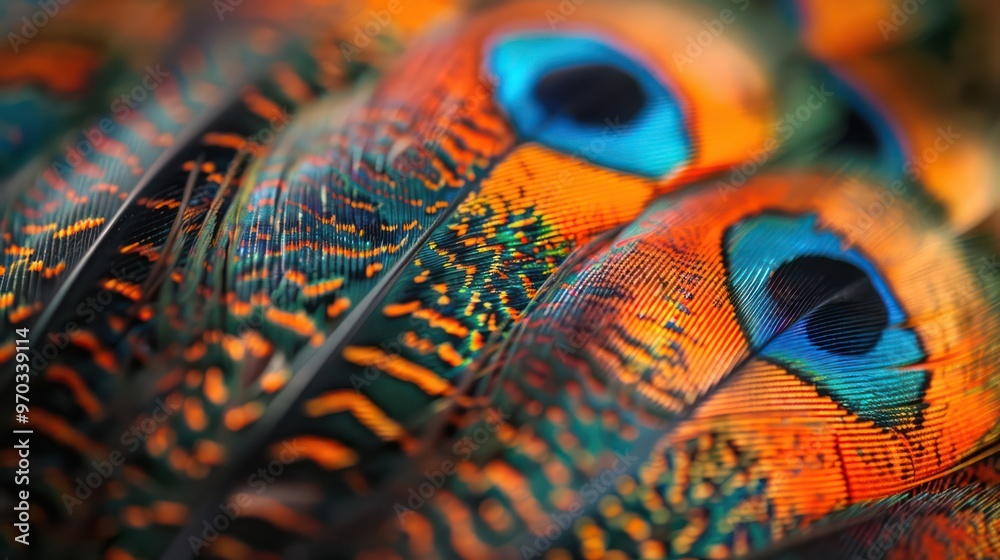 Close-up of vibrant peacock feathers showcasing intricate patterns and colors. Close-up of vibrant peacock feathers showcasing intricate patterns and colors.