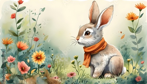 Charming watercolor cartoon of an adorable bunny exploring a vibrant flower garden