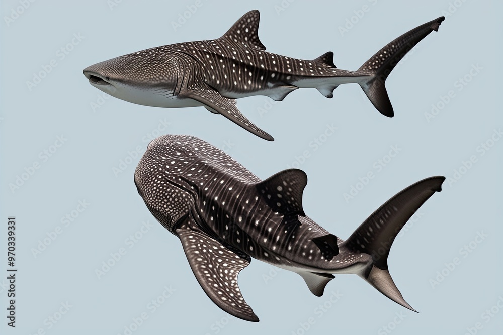 Fototapeta premium Whale Shark Display Comprehensive Front Side and Top Perspectives Isolated on Simple Background