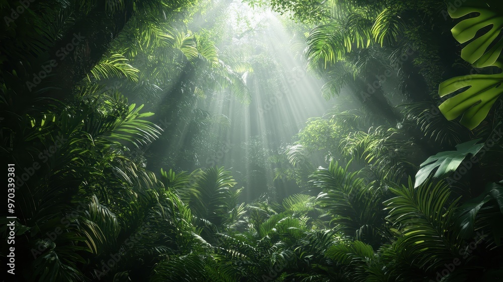 Obraz premium Sunlight Streaming Through Lush Rainforest Canopy, Tropical Jungle Foliage