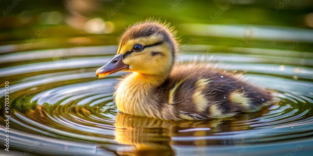 A fluffy duckling swims in the pond, sending delicate ripples radiating outward as it paddles through the calm A fluffy duckling swims in the pond, sending delicate ripples radiating outward as it paddles through the calm