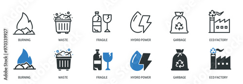 Waste, trash, recycle line and glyph solid icons collection. Minimal icon and symbol series vector illustration