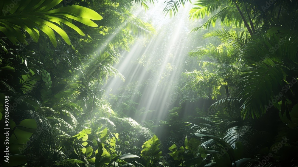 Obraz premium Sunbeams Through Lush Tropical Rainforest Canopy