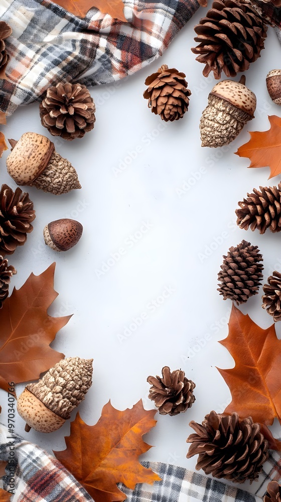 Autumn Background with Pine Cones Acorns Plaid Fabric and Fall Leaves Autumn Background with Pine Cones Acorns Plaid Fabric and Fall Leaves