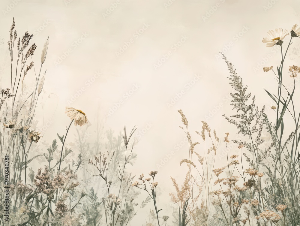 Fototapeta premium Botanical Floral Background - Watercolor Style Pressed Flowers and Grass on Beige with Copy Space
