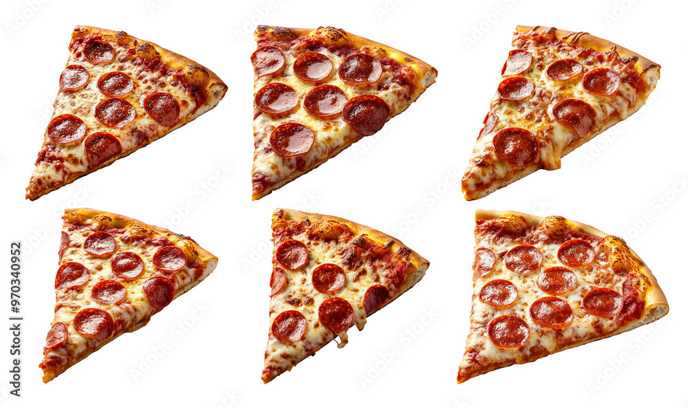 Six slices of delicious pepperoni pizza arranged in two rows on transparent background