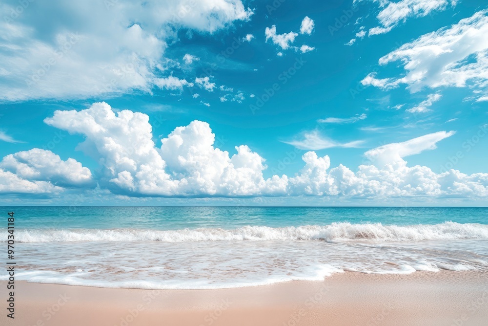 sea and cloudy sky with beach sand in the foreground , ai