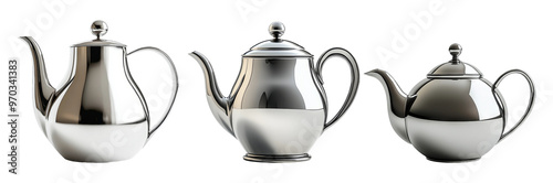 Three Elegant Silver Teapots on Transparent Background Reflecting Light photo