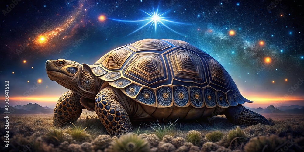 A majestic tortoise with intricate shell patterns rests on a field of stars, symbolizing its cosmic connection in A majestic tortoise with intricate shell patterns rests on a field of stars, symbolizing its cosmic connection in