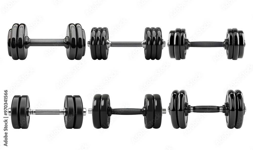 Set of Six Modern Black Dumbbells on Transparent Background Set of Six Modern Black Dumbbells on Transparent Background