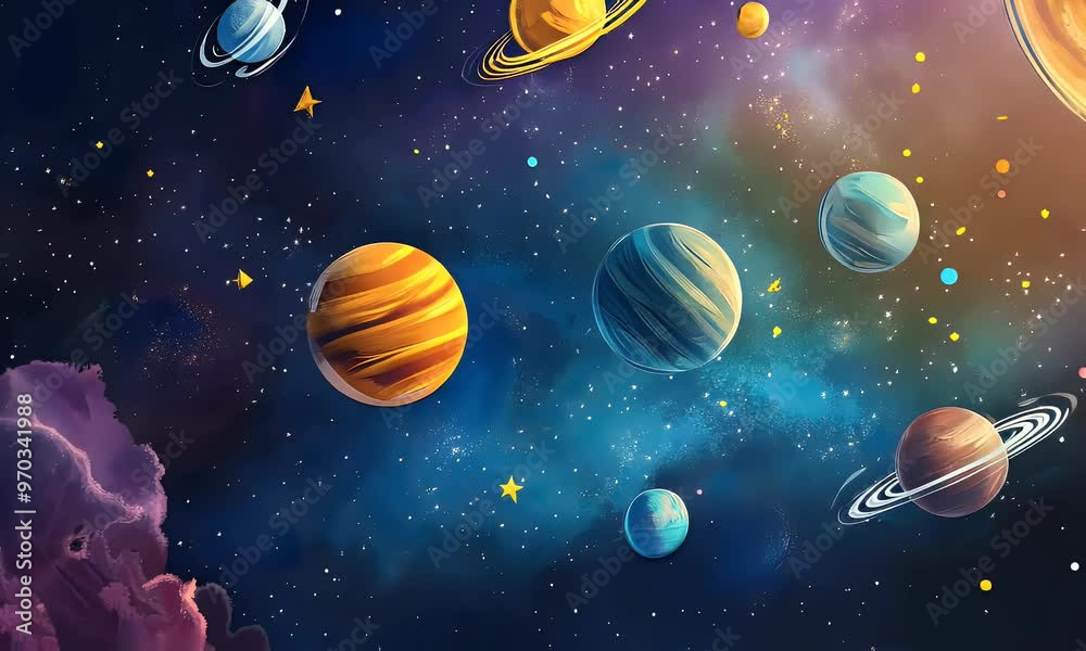 A vibrant illustration of planets and stars in a colorful cosmic scene. A vibrant illustration of planets and stars in a colorful cosmic scene.
